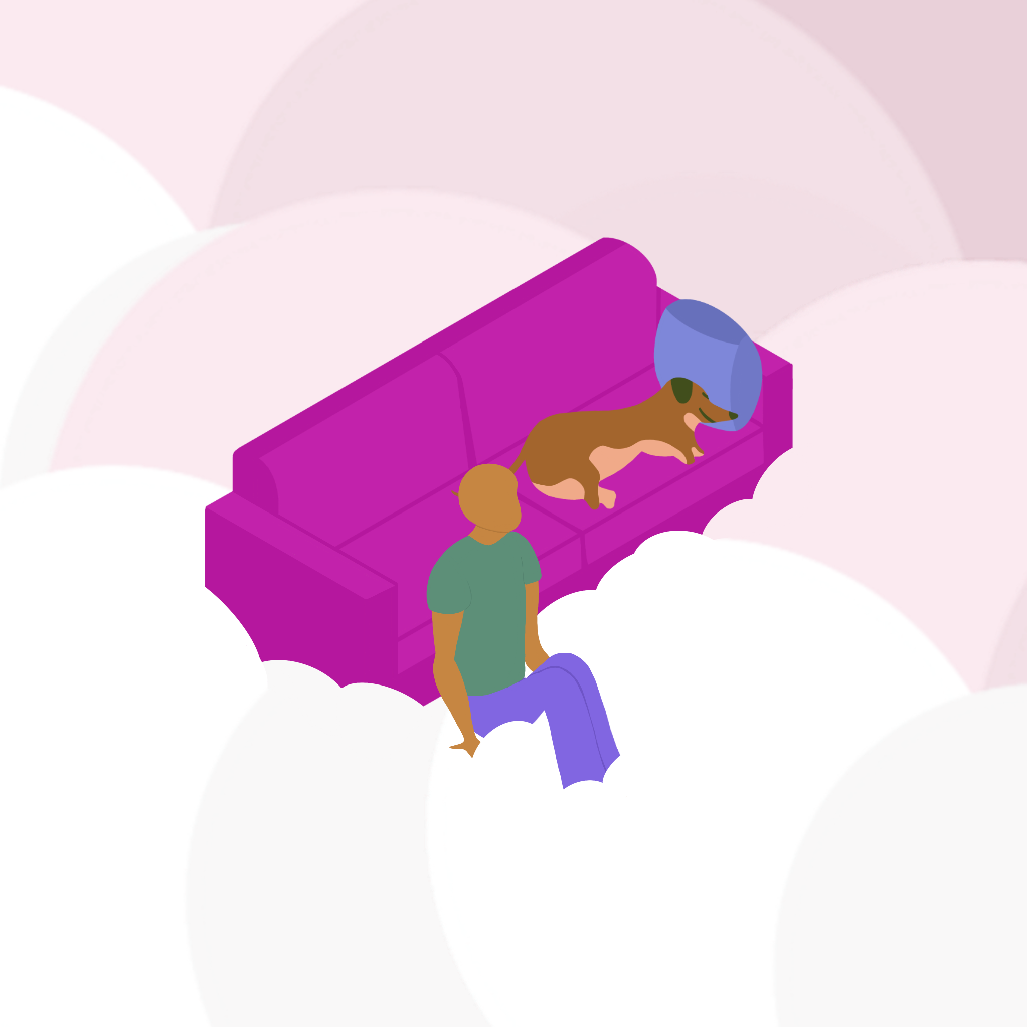 an isometric illustration of a human and their dog hanging out on a cloud