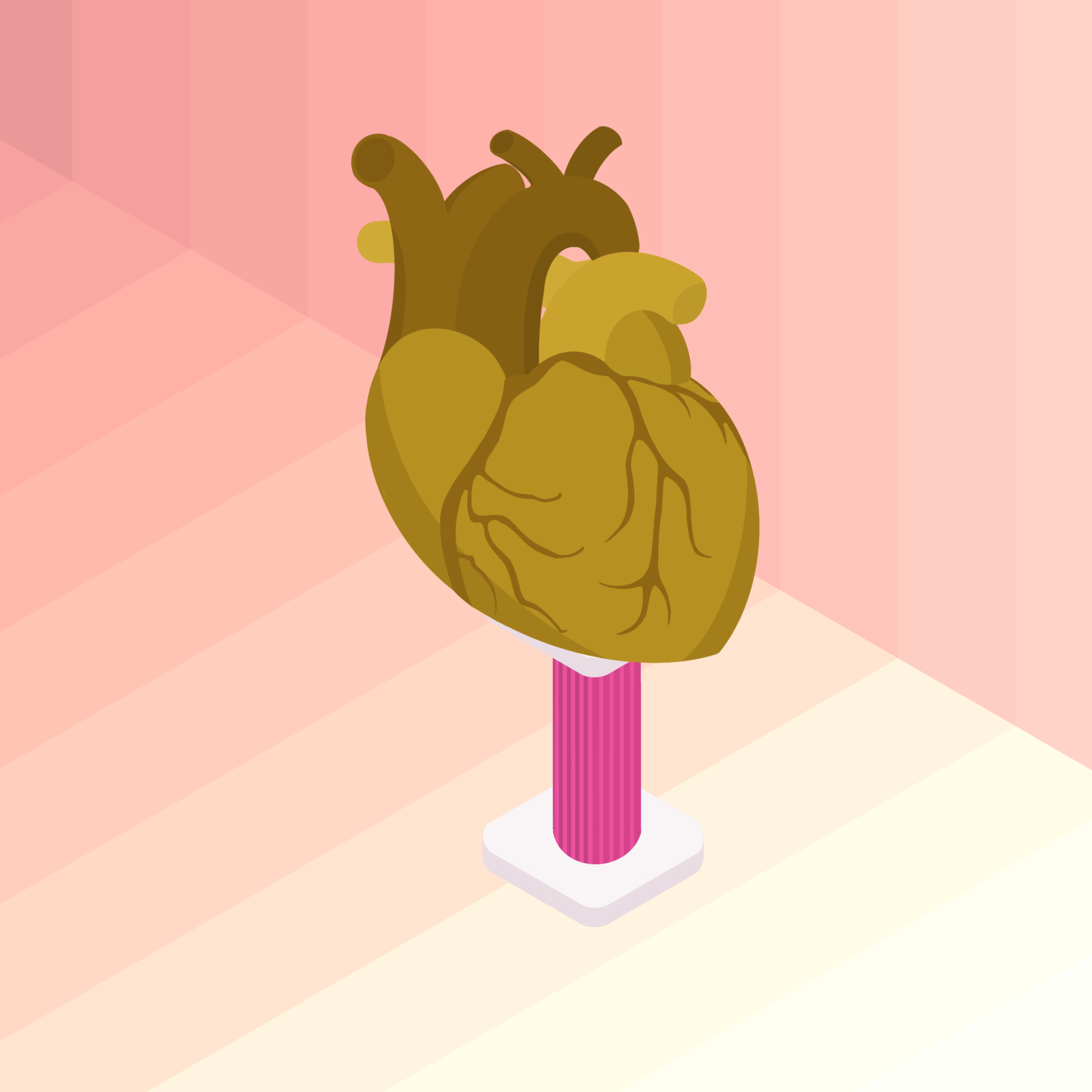 an isometric illustration of a golden heart on a pedestal
