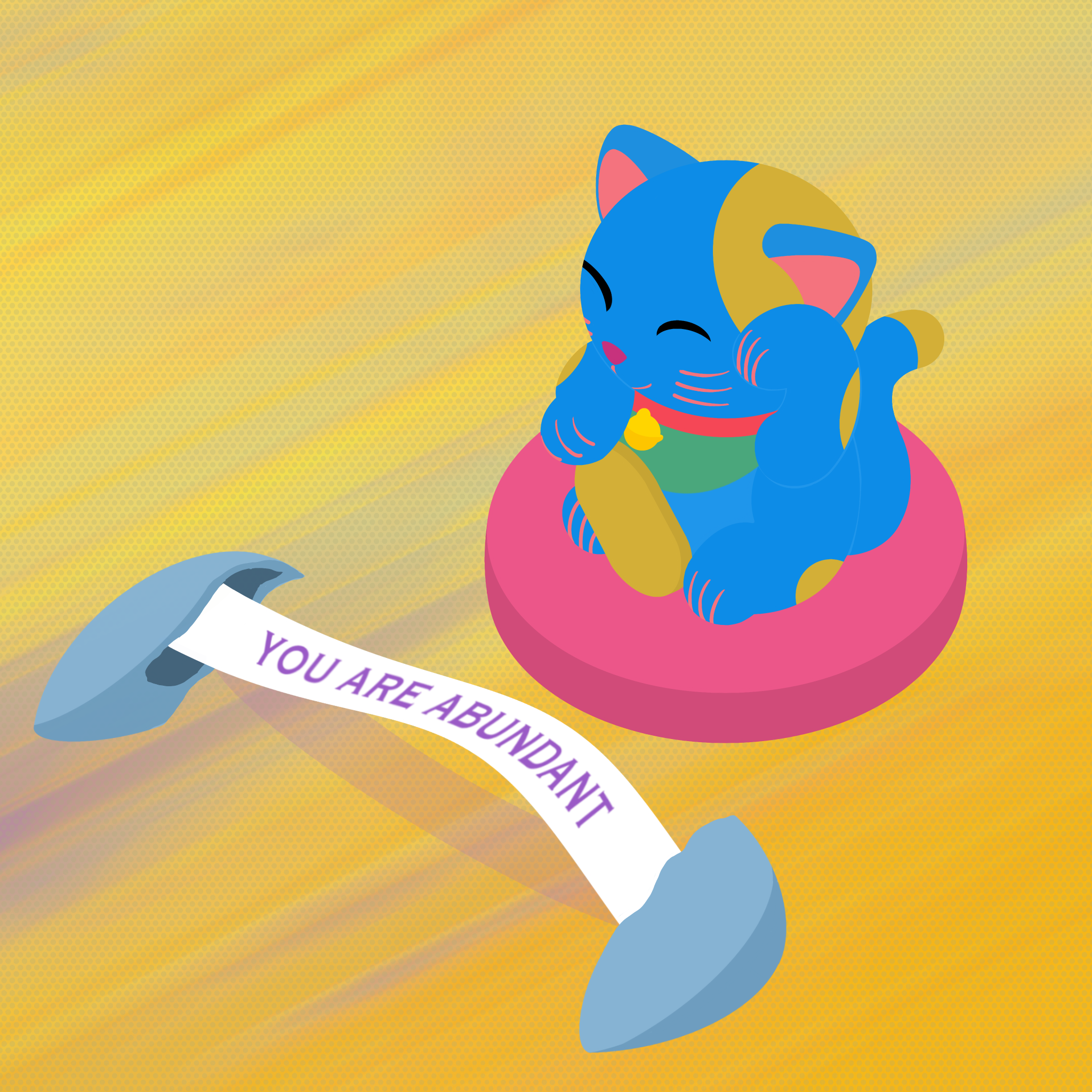 an isometric illustration of a maneki-neko with a fortune cookie