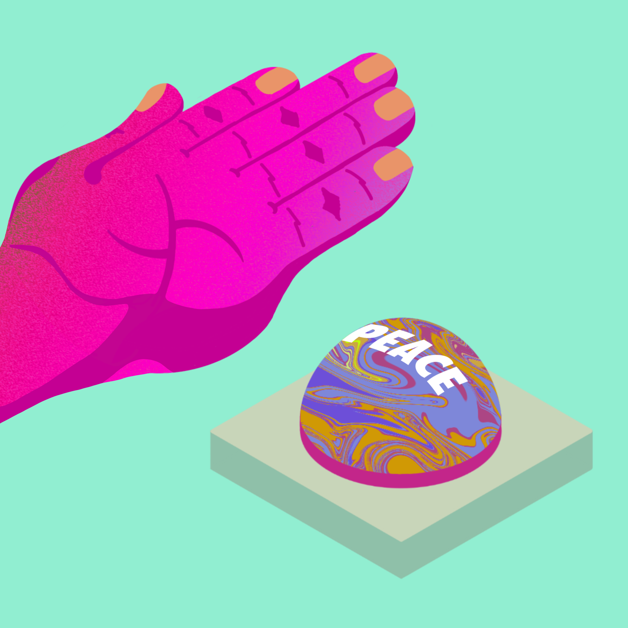 an isometric illustration of a hand tapping on a peace button